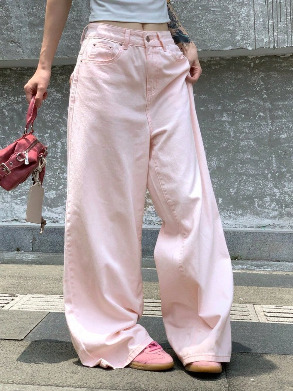 Pink Casual Women's Date Wear Wide Leg Straight Jeans - Picture 4 of 9